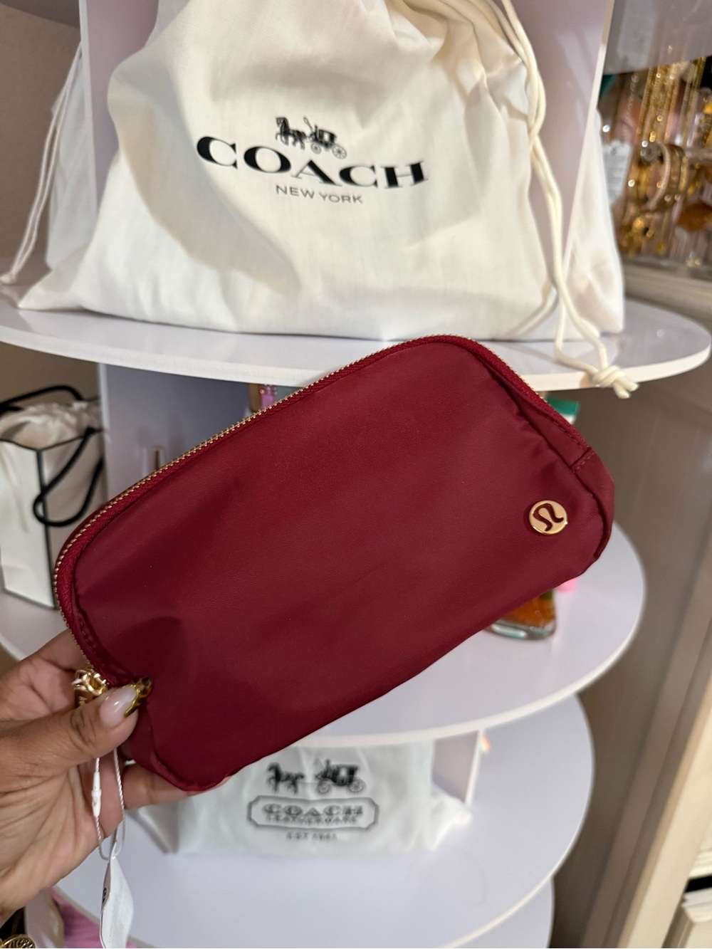 lululemon athletica Wine Red Nylon Zip Cosmetic Pouch with Gold Logo